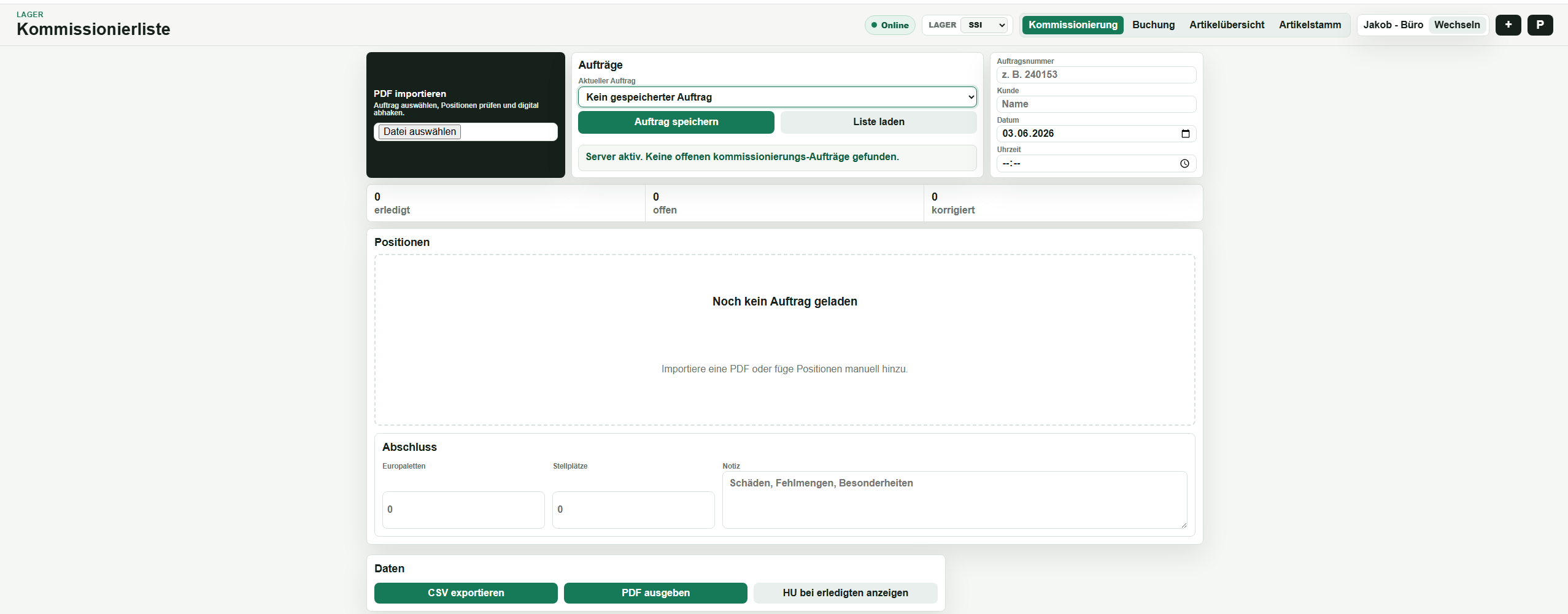 Screenshot der HLogistik-App: Kommissionierliste mit PDF-Import, Auftragsübersicht, Positionen und Abschlussdaten